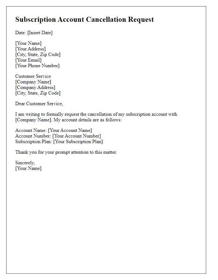 Letter template of subscription account cancellation request