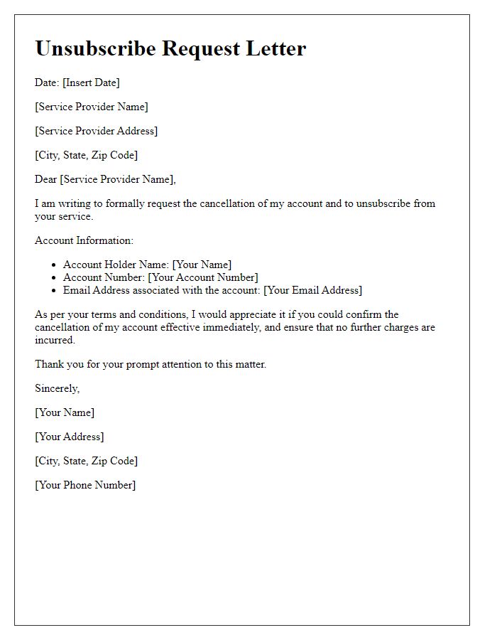 Letter template of unsubscribe request for service account