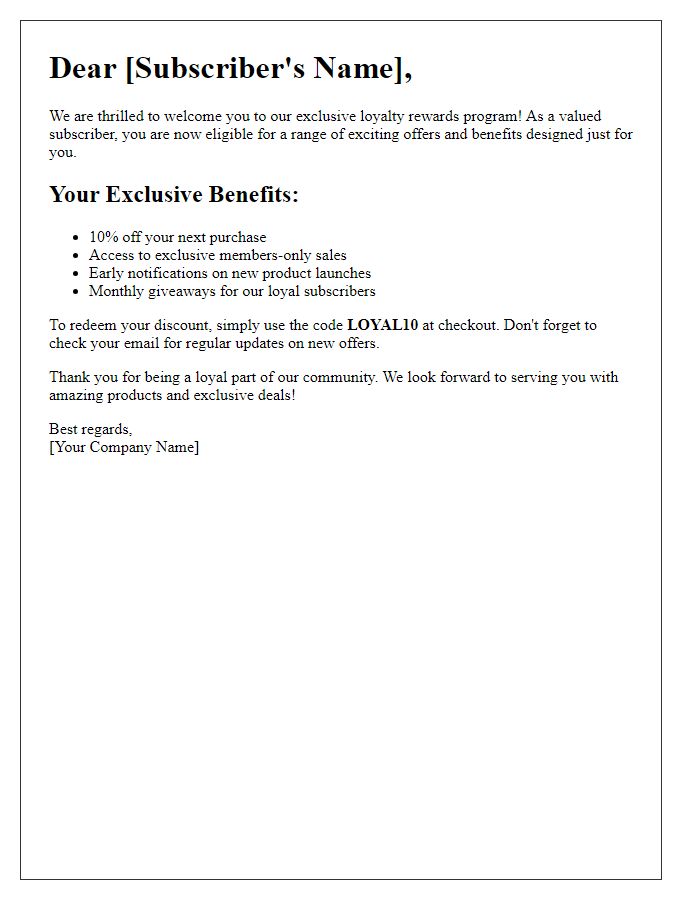 Letter template of subscription loyalty rewards exclusive offers