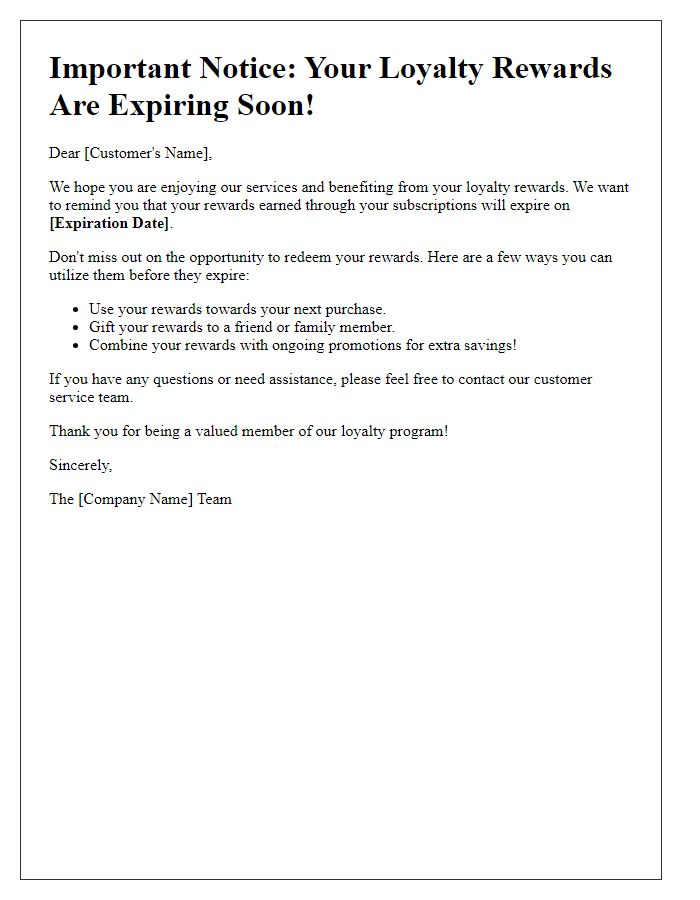 Letter template of subscription loyalty rewards expiration warning