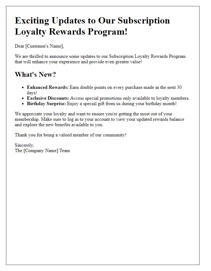 Letter template of subscription loyalty rewards program updates