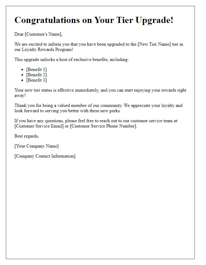 Letter template of subscription loyalty rewards tier upgrade notification