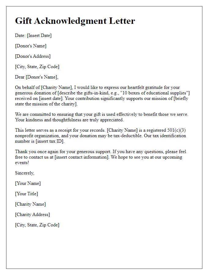 Letter template of acknowledgment for gifts-in-kind to charity