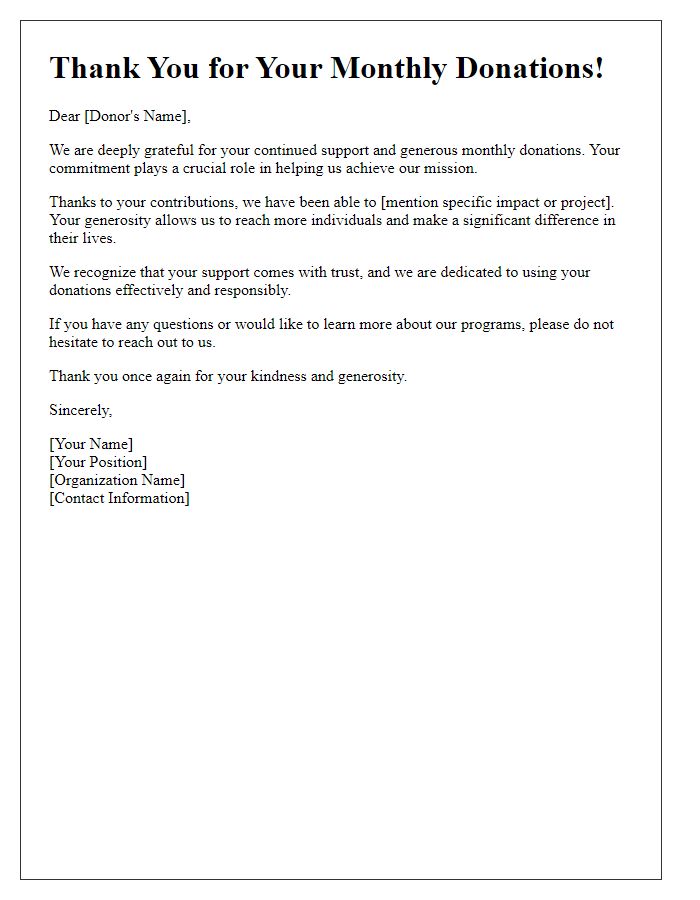 Letter template of formal thank-you for monthly donations