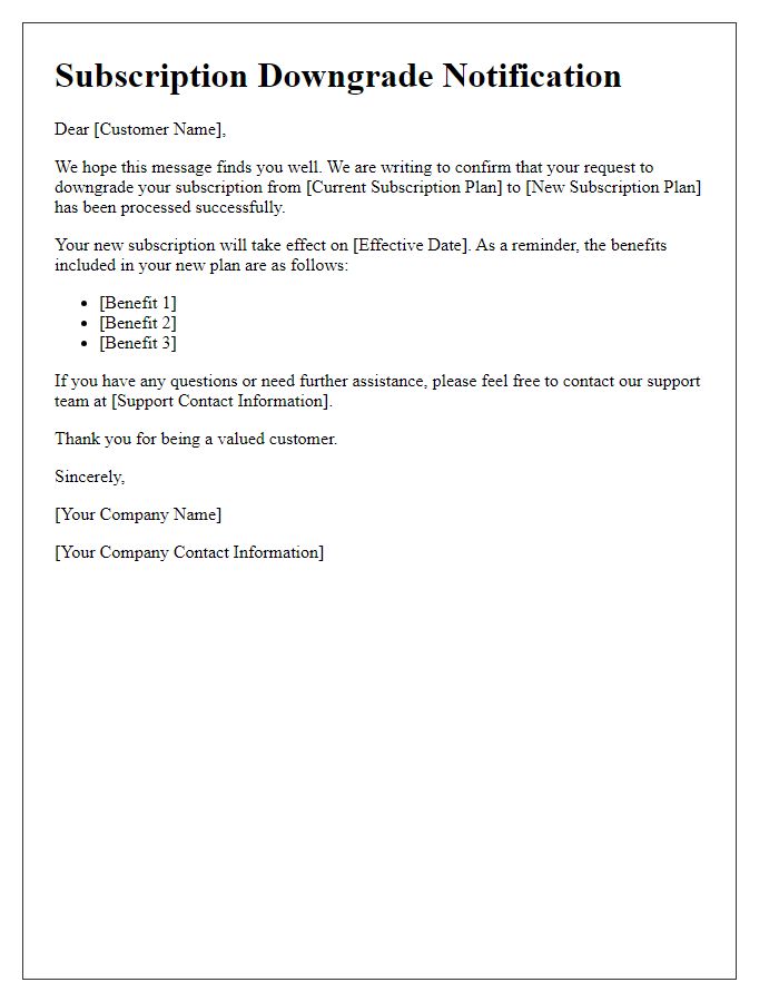 Letter template of subscription downgrade notification