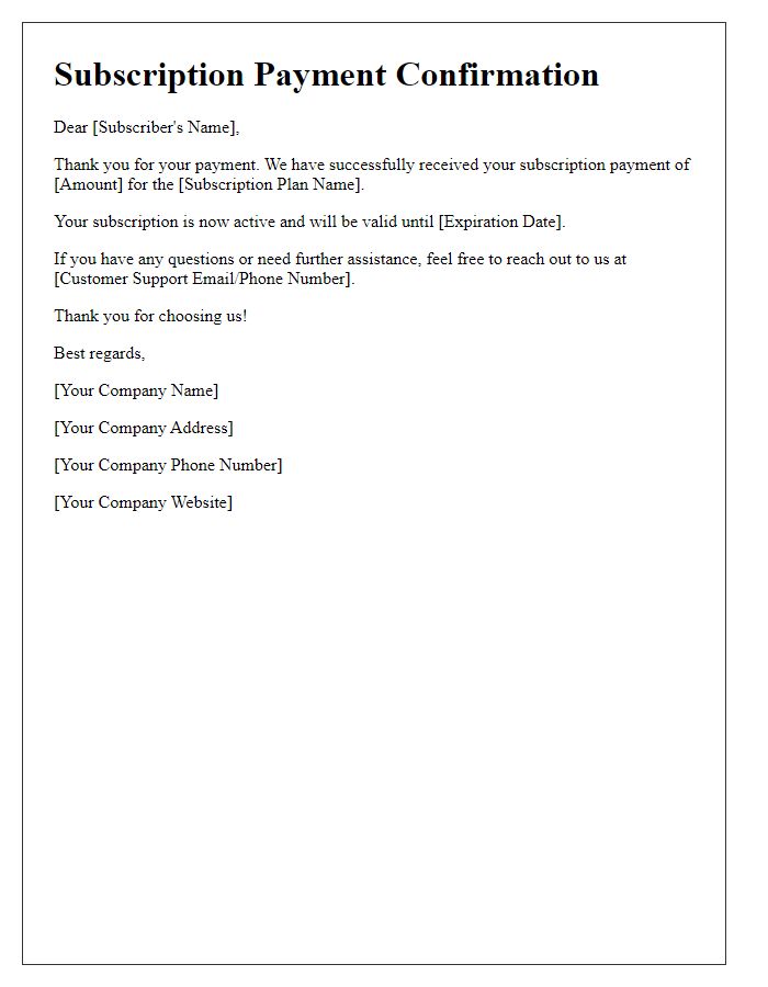 Letter template of subscription payment confirmation