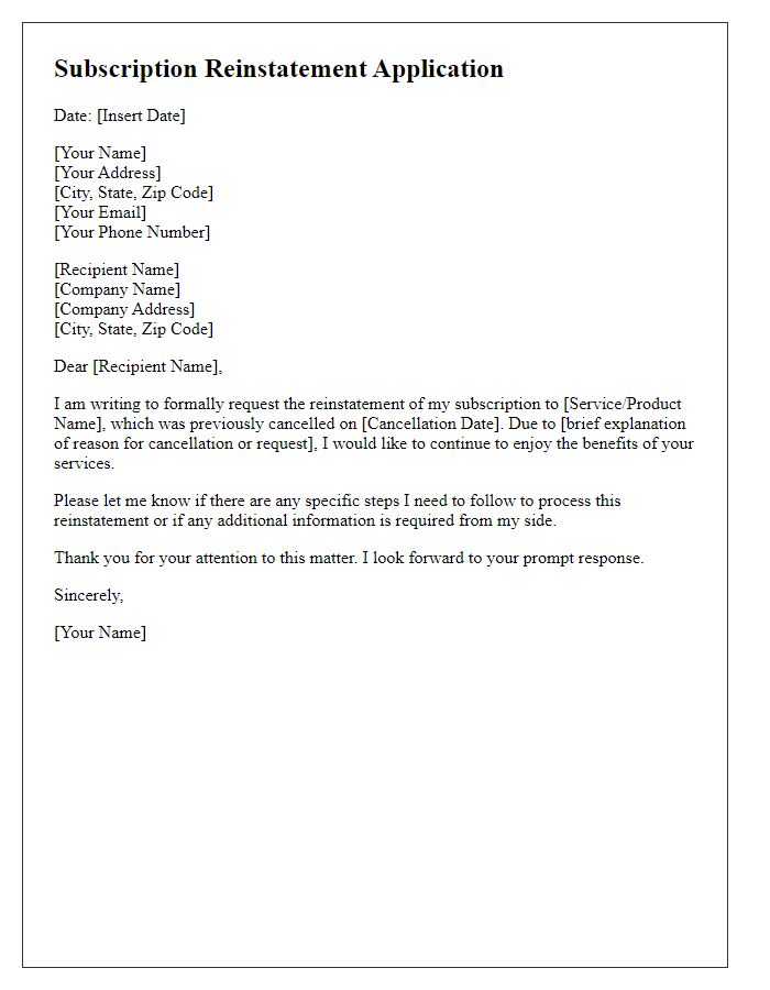 Letter template of subscription reinstatement application