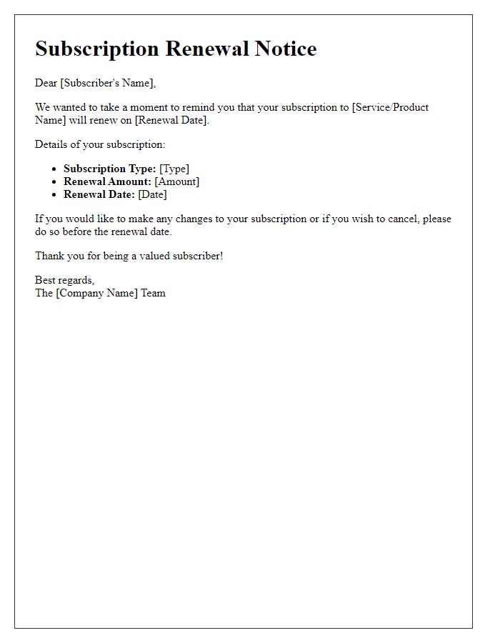 Letter template of subscription renewal notification