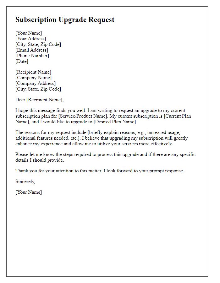 Letter template of subscription upgrade request
