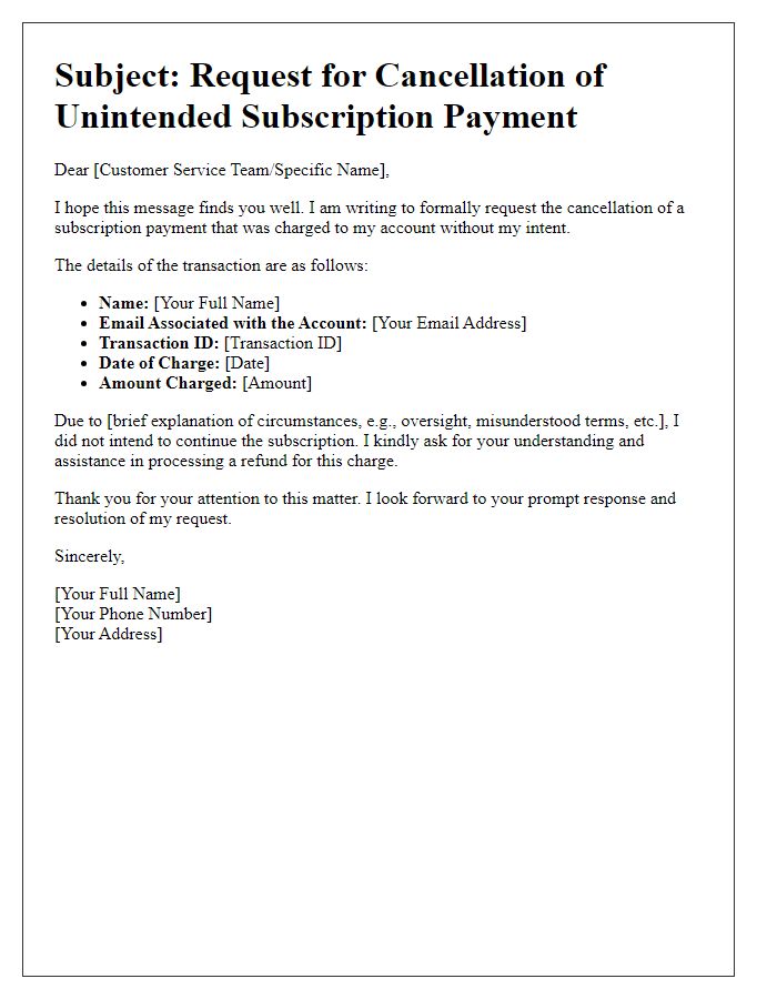 Letter template of appeal for cancellation of unintended subscription payment