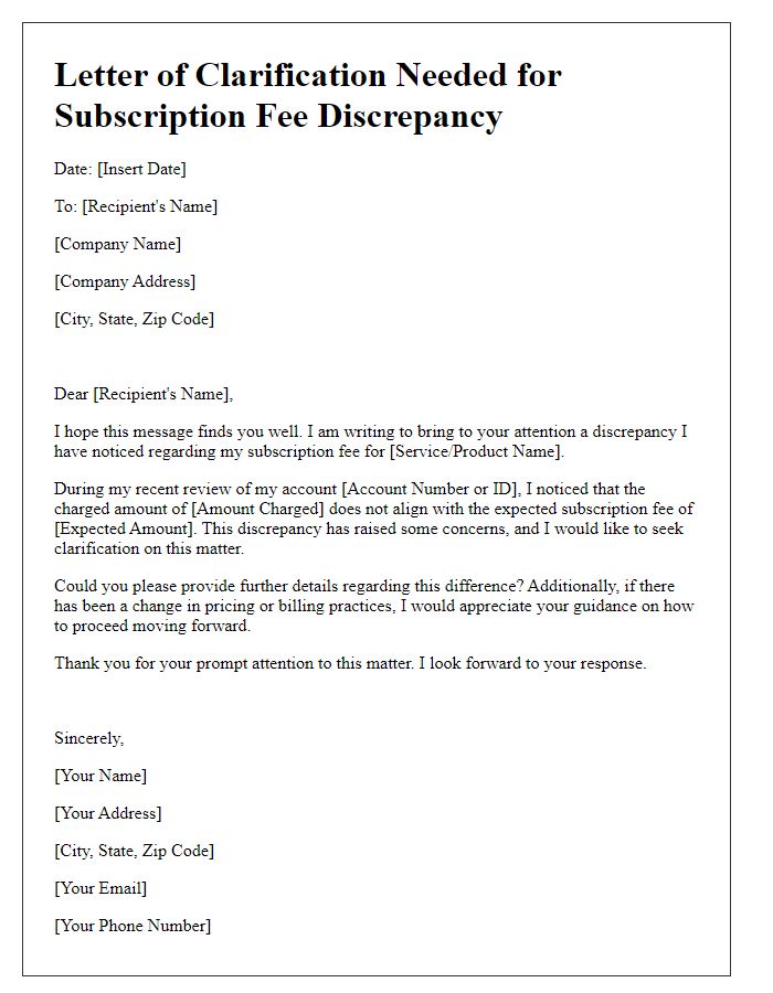 Letter template of clarification needed for subscription fee discrepancy