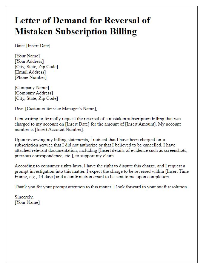 Letter template of demand for reversal of mistaken subscription billing