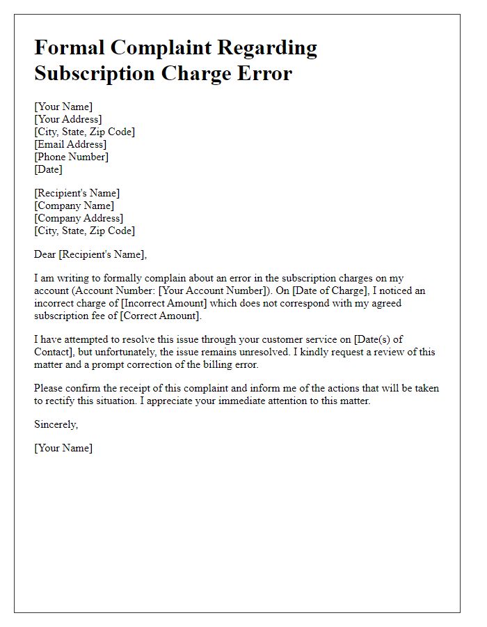 Letter template of formal complaint about subscription charge error