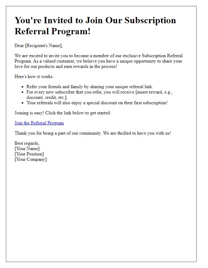 Letter template of invitation to join our subscription referral program