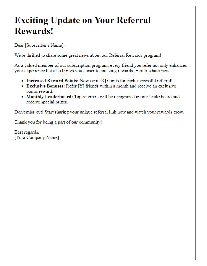 Letter template of referral rewards update in our subscription program