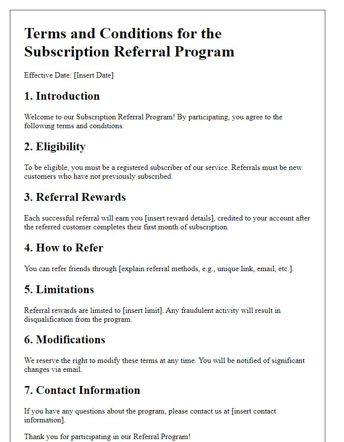 Letter template of terms and conditions for the subscription referral program