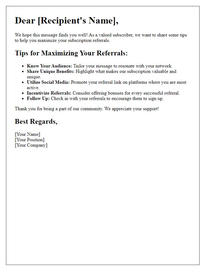 Letter template of tips for maximizing your subscription referrals