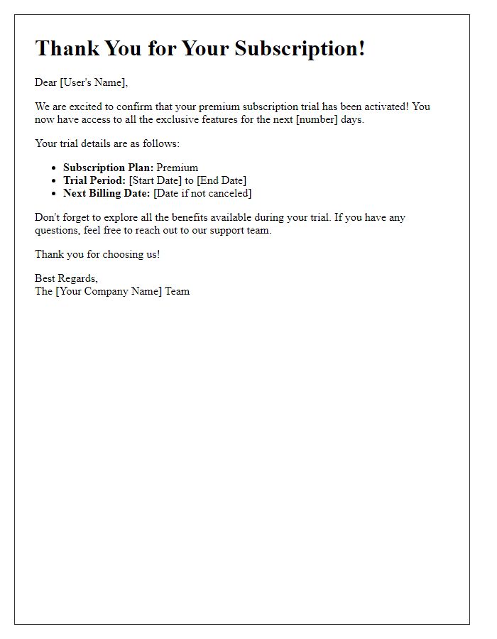 Letter template of premium subscription trial confirmation