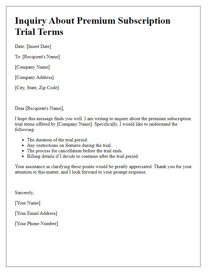 Letter template of premium subscription trial terms inquiry