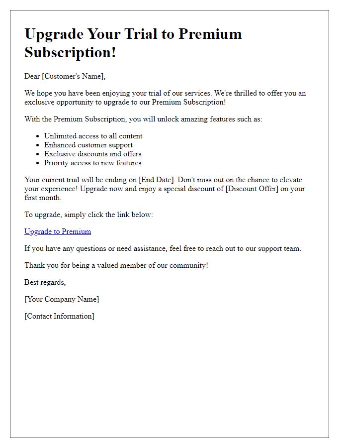Letter template of premium subscription trial upgrade