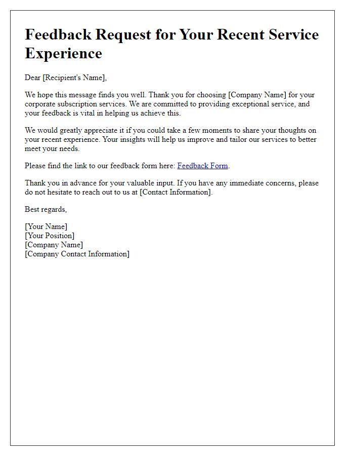 Letter template of corporate subscription feedback request after service usage.