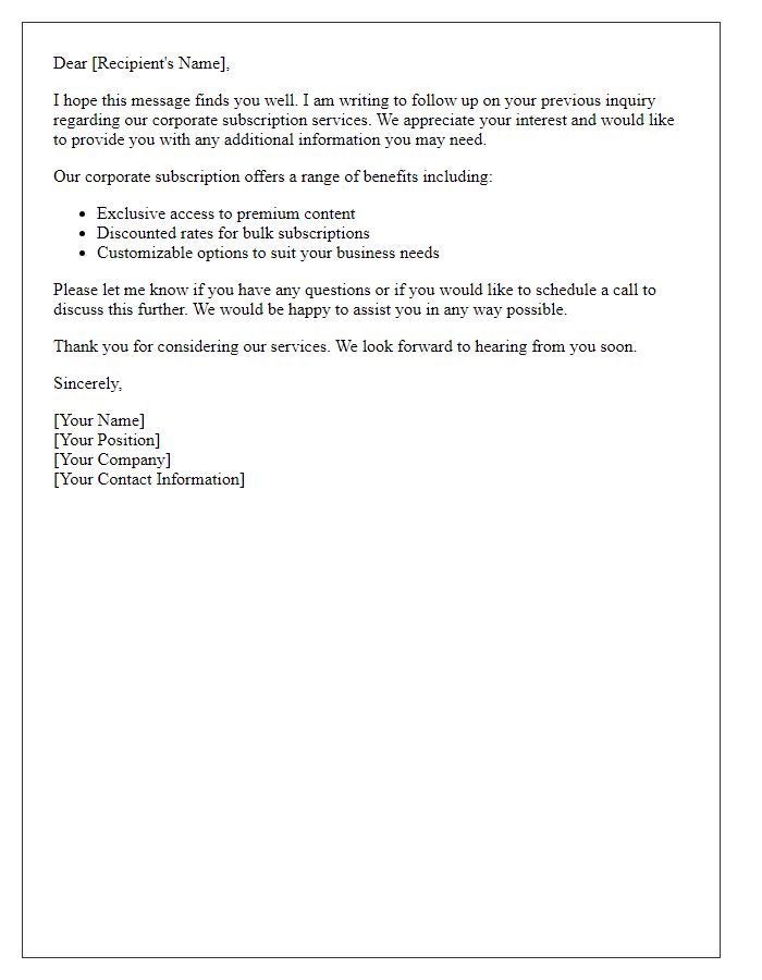 Letter template of corporate subscription follow-up for previous inquiry.