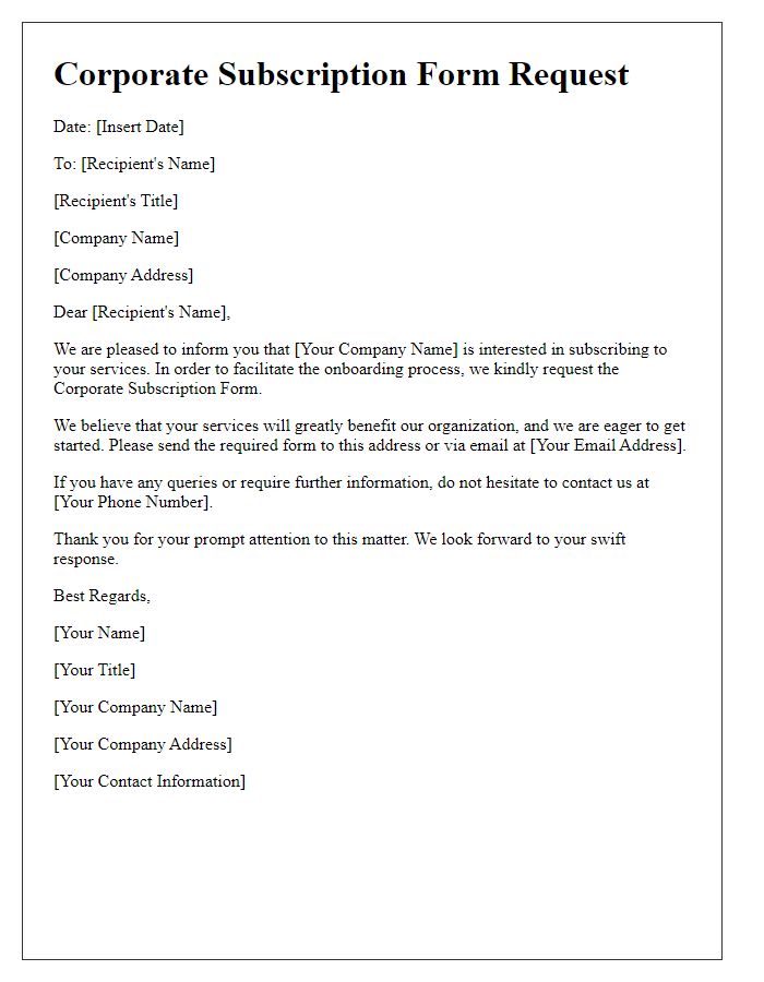 Letter template of corporate subscription form request for onboarding.