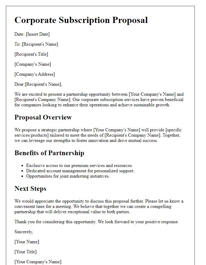 Letter template of corporate subscription proposal for partnership opportunities.