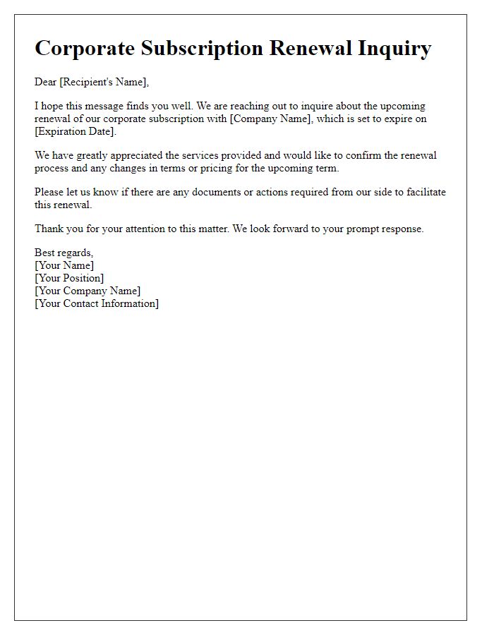 Letter template of corporate subscription renewal inquiry for existing accounts.