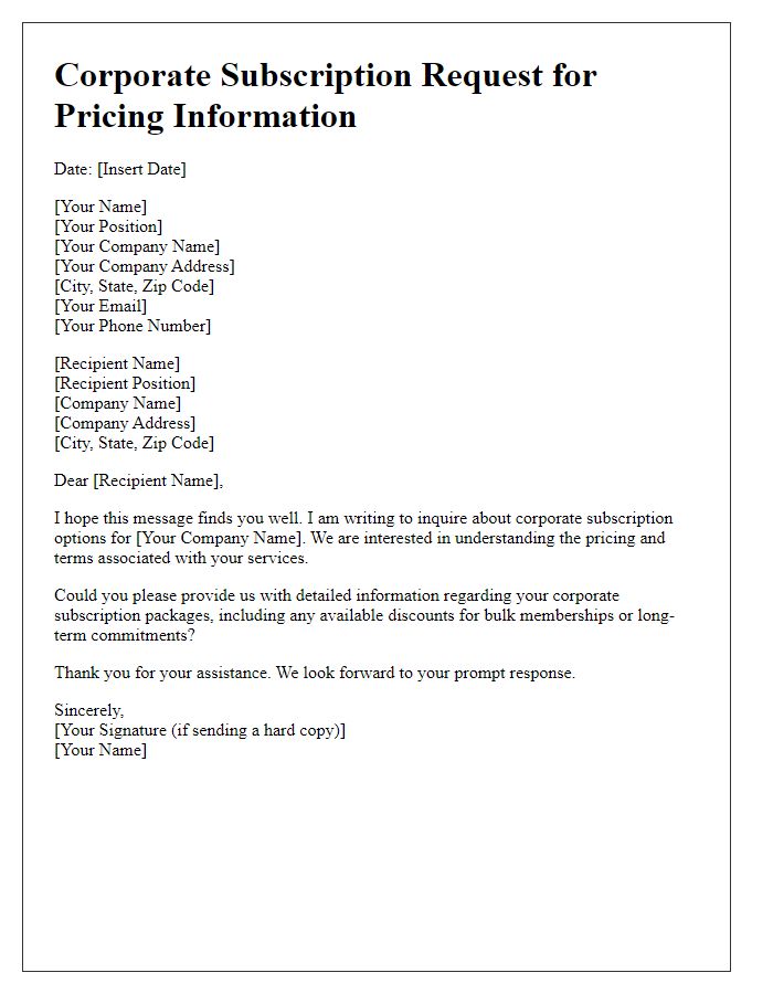 Letter template of corporate subscription request for pricing information.