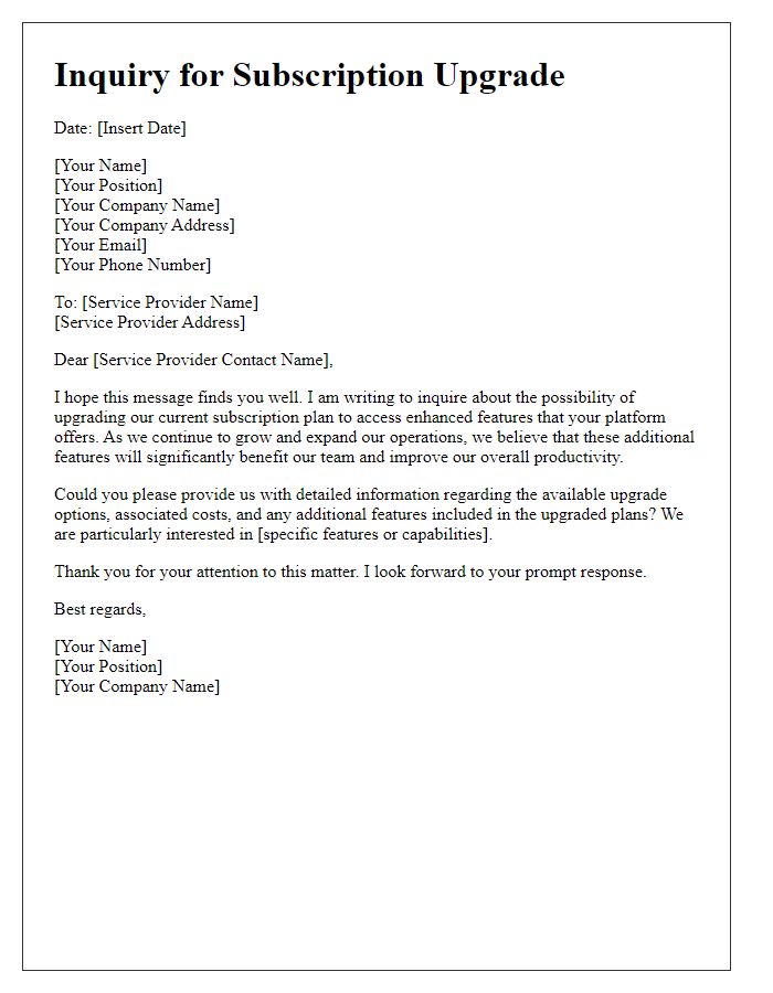 Letter template of corporate subscription upgrade inquiry for enhanced features.