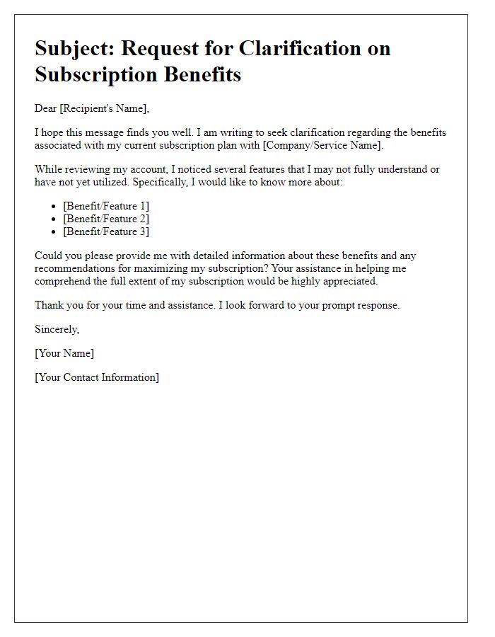 Letter template of clarity request for subscription benefits