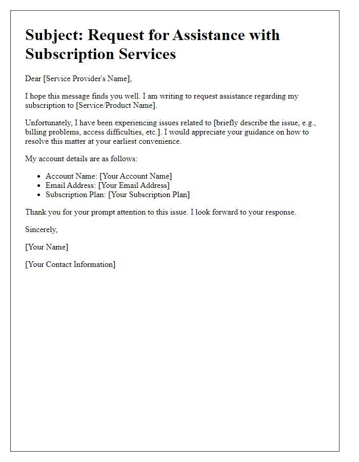 Letter template of help needed for subscription services