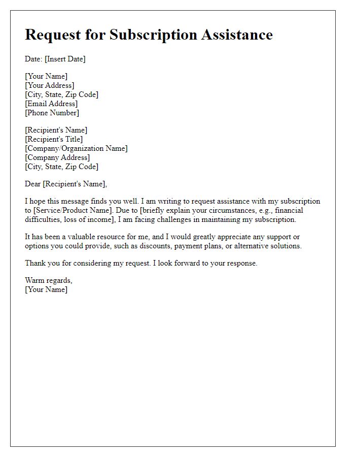 Letter template of request for subscription assistance