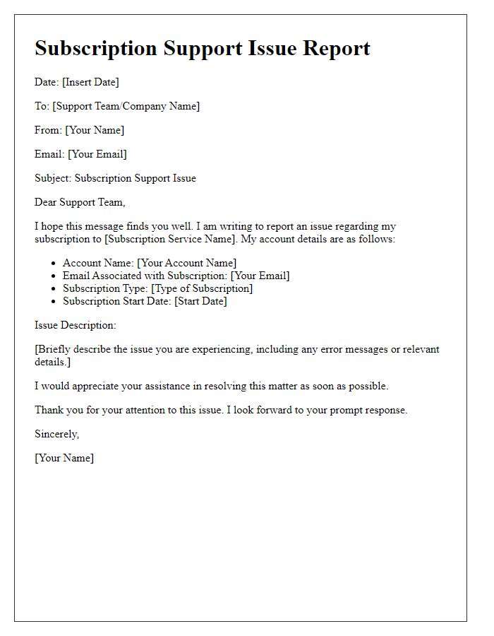 Letter template of subscription support issue reporting