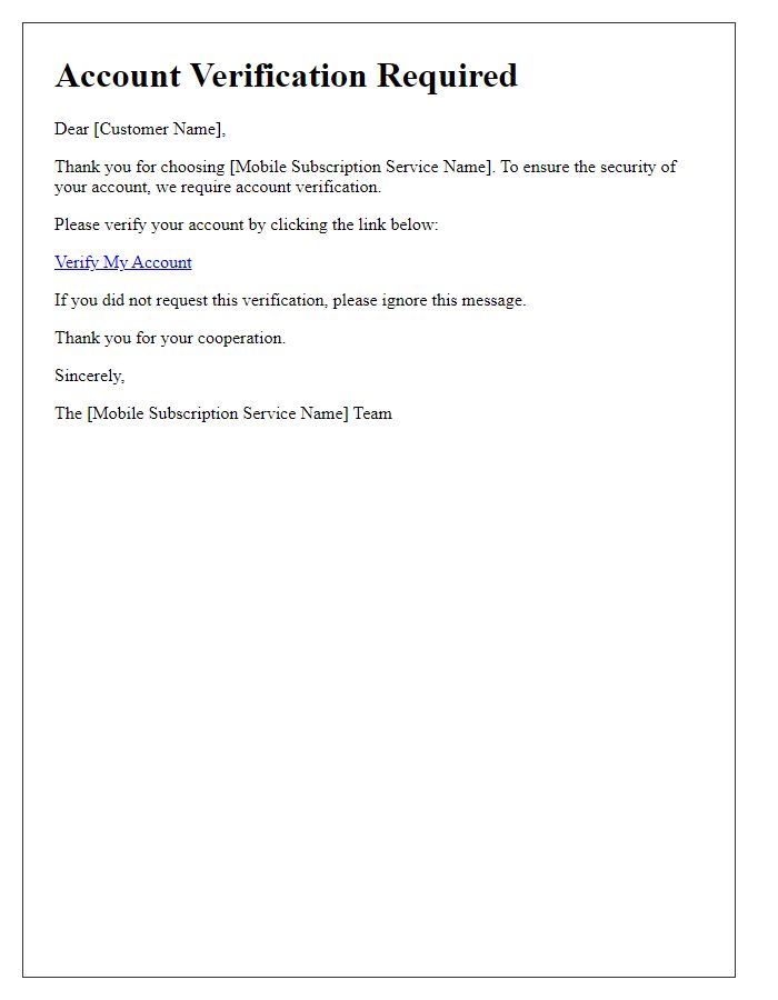 Letter template of mobile subscription service for account verification