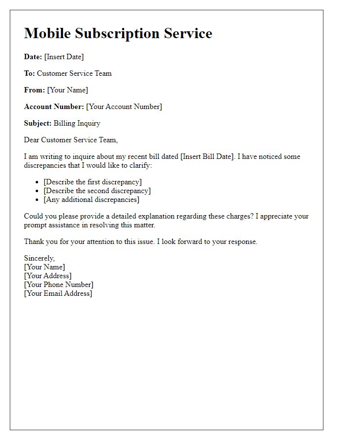 Letter template of mobile subscription service for billing inquiries