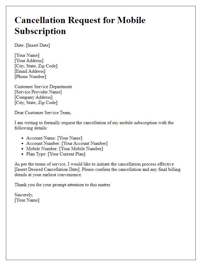 Letter template of mobile subscription service for cancellation requests