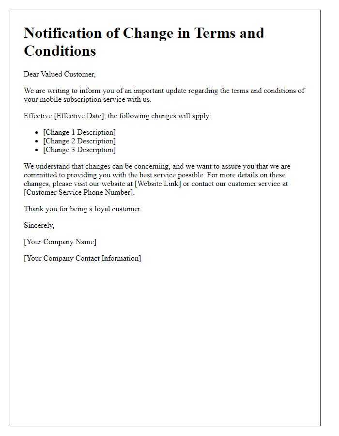 Letter template of mobile subscription service for change of terms notification