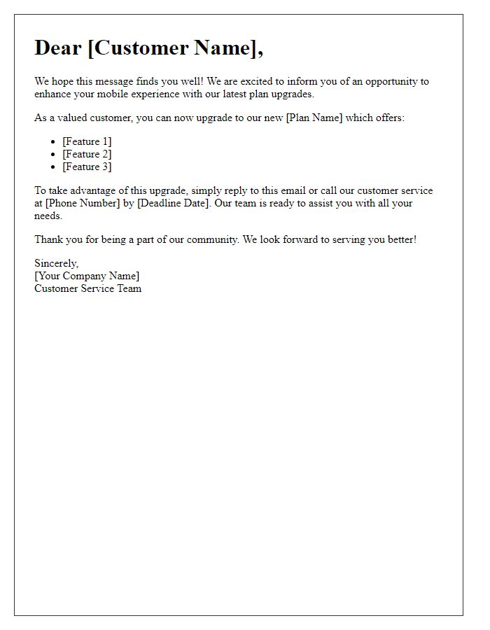 Letter template of mobile subscription service for plan upgrades