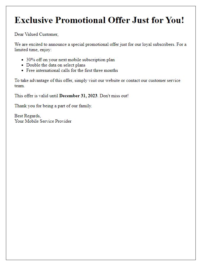 Letter template of mobile subscription service for promotional offers