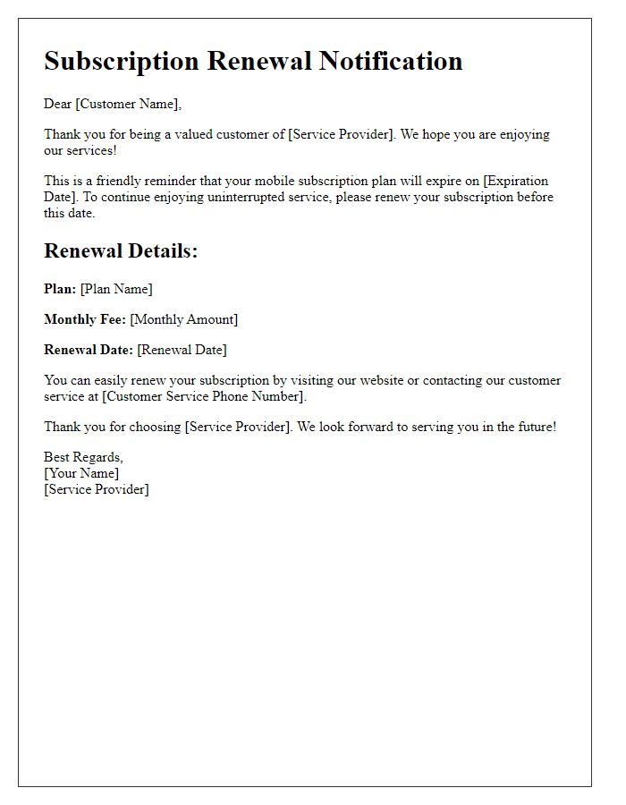 Letter template of mobile subscription service for renewal notifications