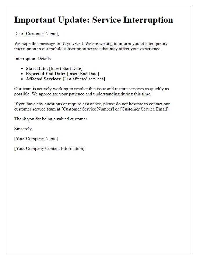 Letter template of mobile subscription service for service interruption updates