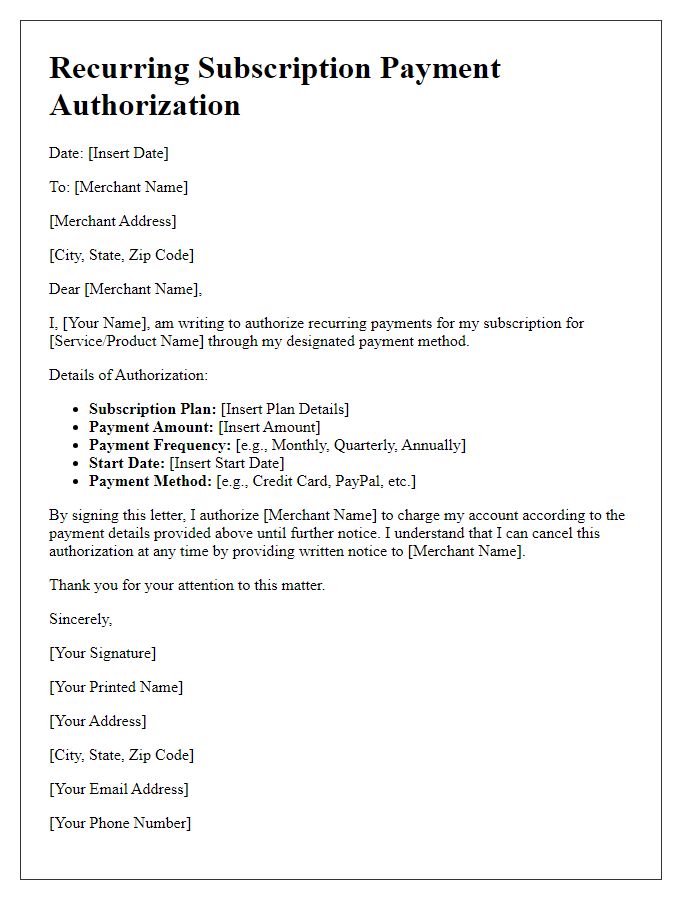 Letter template of recurring subscription payment authorization