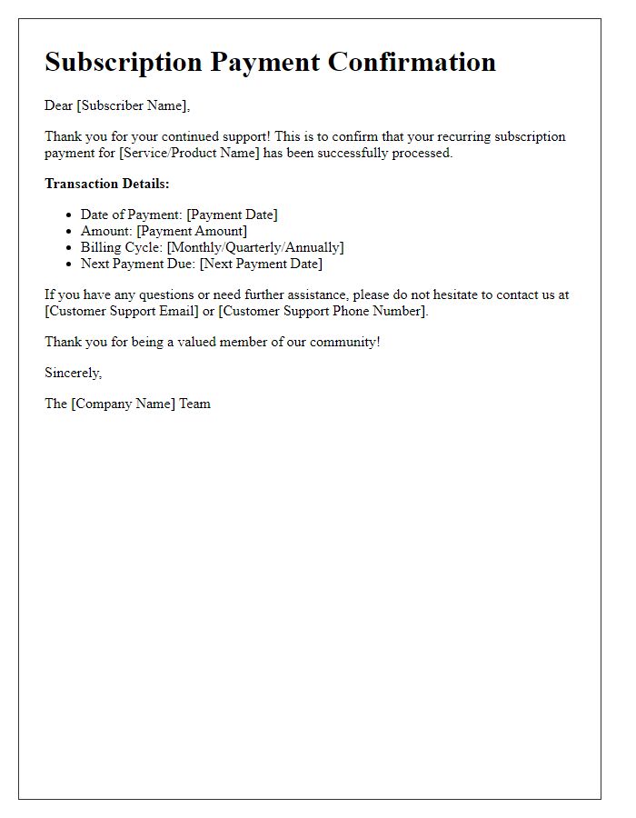 Letter template of recurring subscription payment confirmation