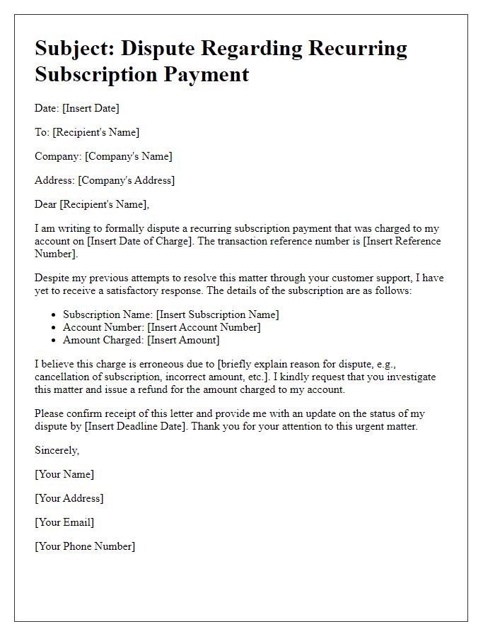 Letter template of recurring subscription payment dispute