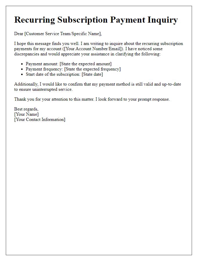 Letter template of recurring subscription payment inquiry