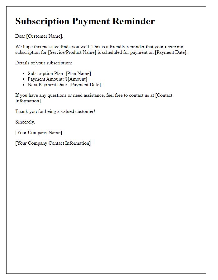 Letter template of recurring subscription payment reminder
