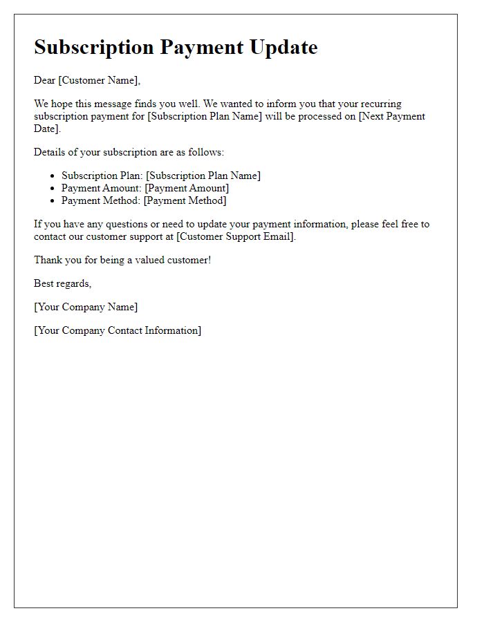 Letter template of recurring subscription payment update