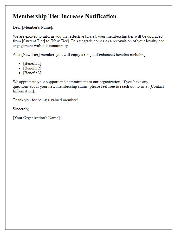 Letter template of membership tier increase notification